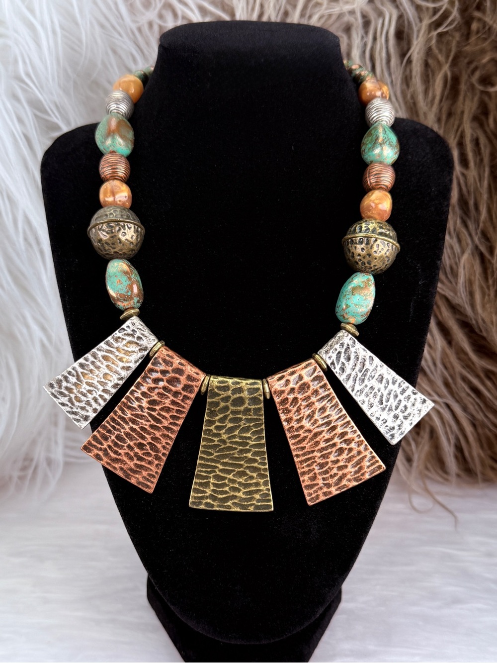 Vintage Hammered Statement Necklace Mixed Metal Patina Tribal Boho Bib